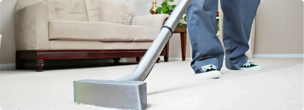 Carpet cleaning technician using a hot-water extraction wand on a light-colored carpet in a living room, Jersey City, NJ.